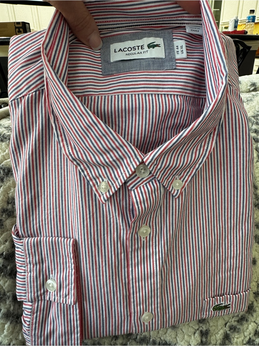 NEW XL Lacoste Men’s Red & Blue Striped Button-Down Shirt - Regular Fit